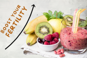 Fertility-Boosting Fruit Smoothie: A delicious blend of banana, kiwi, apple, parsley, raspberry, and nuts, perfect for breakfast.