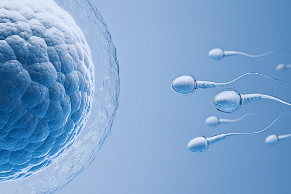 Illustration showing sperm motility as active sperm swim toward an egg bubble for potential fertilization.