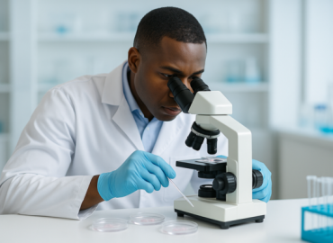 An embryologist examining embryos under a microscope in a modern IVF lab, showcasing the precision and care involved in the embryo transfer process.