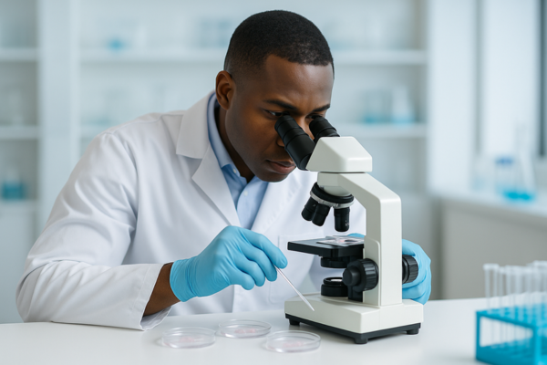 An embryologist examining embryos under a microscope in a modern IVF lab, showcasing the precision and care involved in the embryo transfer process.
