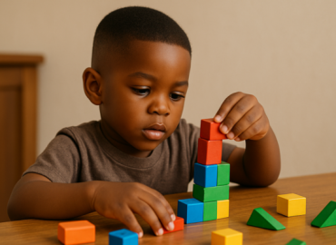 A young African boy with a neat haircut focuses intently on building a colorful block tower at a wooden table, illustrating hands-on learning and early child development.