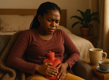 A young African woman experiencing dysmenorrhea, sitting on a couch with a pained expression while holding a hot water bottle to her abdomen, surrounded by cozy home elements like a blanket and warm tea.