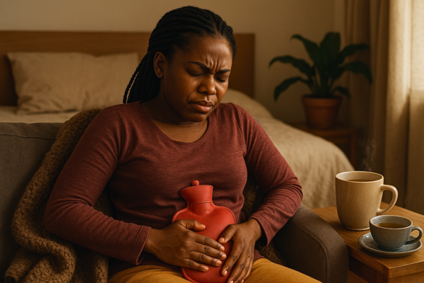 A young African woman experiencing dysmenorrhea, sitting on a couch with a pained expression while holding a hot water bottle to her abdomen, surrounded by cozy home elements like a blanket and warm tea.