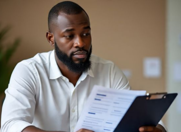 African man reviewing clinical tests results on a clipboard in a well-lit medical office, illustrating patient engagement and health monitoring.