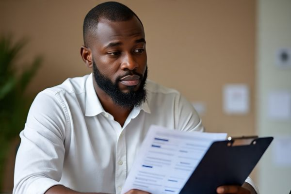 African man reviewing clinical tests results on a clipboard in a well-lit medical office, illustrating patient engagement and health monitoring.