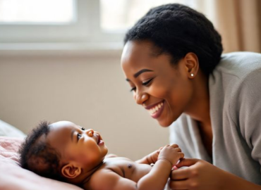 Nigerian mother smiling at her newborn during a gentle diaper change, demonstrating loving cord care in a warm, cozy home setting.