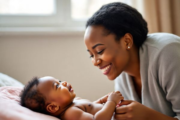 Nigerian mother smiling at her newborn during a gentle diaper change, demonstrating loving cord care in a warm, cozy home setting.