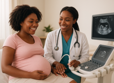 A smiling pregnant Black woman receives prenatal care from a friendly Black female doctor performing an ultrasound in a bright, airy clinic room.