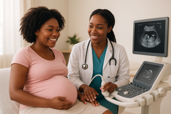 A smiling pregnant Black woman receives prenatal care from a friendly Black female doctor performing an ultrasound in a bright, airy clinic room.