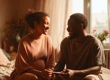 Conception Help Understanding Assisted Reproductive Technology for Your Family Dark-skinned couple holding hands in a cozy sunlit bedroom, smiling at a positive pregnancy test, representing hope and conception help for starting a family