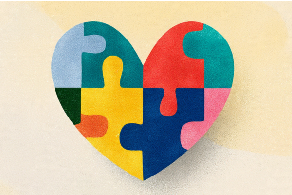 image of colorful puzzle pieces coming together to form a heart, symbolizing understanding and acceptance, representing living with autism. Soft, bright colors with a calm background convey hope, inclusivity, and positivity