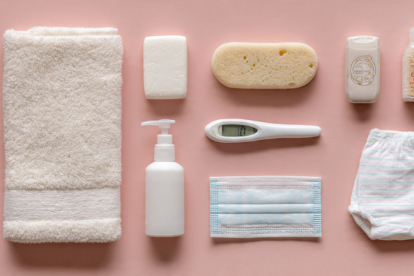 Newborn Bath essentials flat-lay with towel, baby soap, sponge, thermometer, washcloth, diaper, and baby lotion on a neutral background
