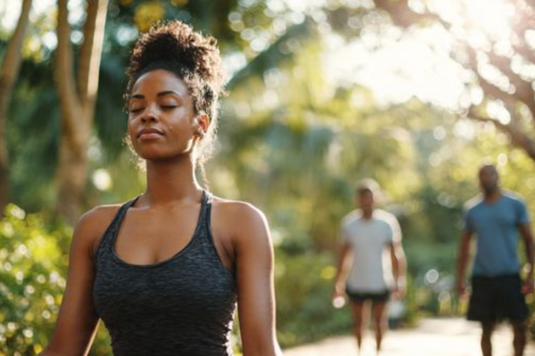 A woman performing restorative yoga and a couple briskly walking outdoors, illustrating the best exercises for fertility for hormonal balance and stress reduction.