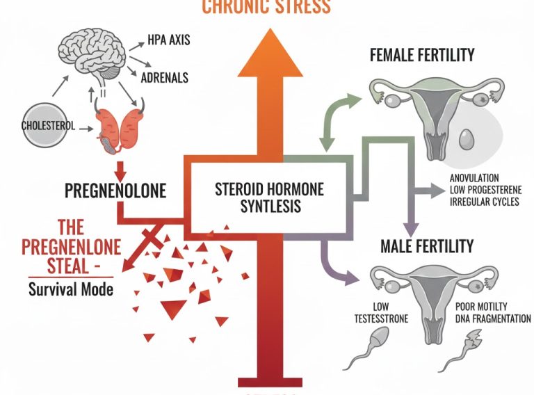 Diagram illustrating the impact of cortisol on ovulation and sperm quality by showing how chronic stress leads to the 'Pregnenolone Steal,' disrupting female and male fertility.