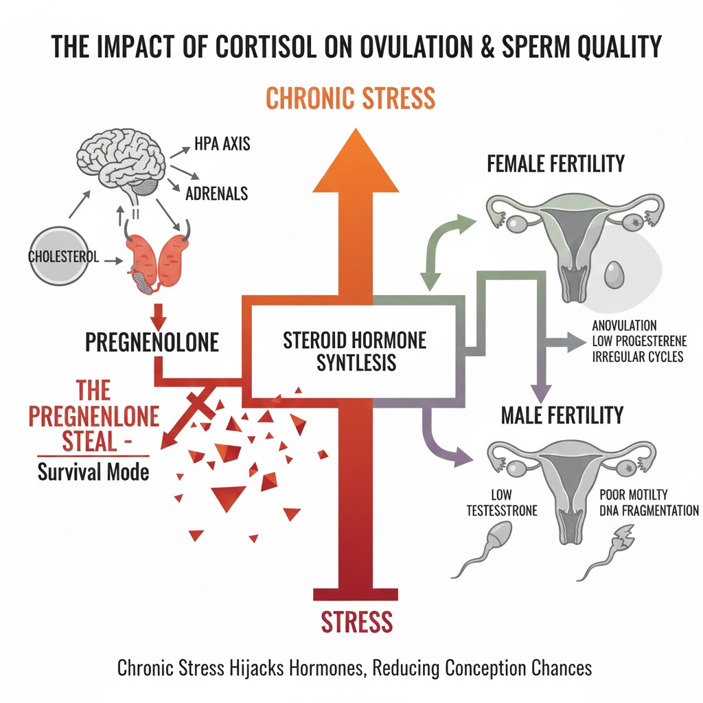 Diagram illustrating the impact of cortisol on ovulation and sperm quality by showing how chronic stress leads to the 'Pregnenolone Steal,' disrupting female and male fertility.